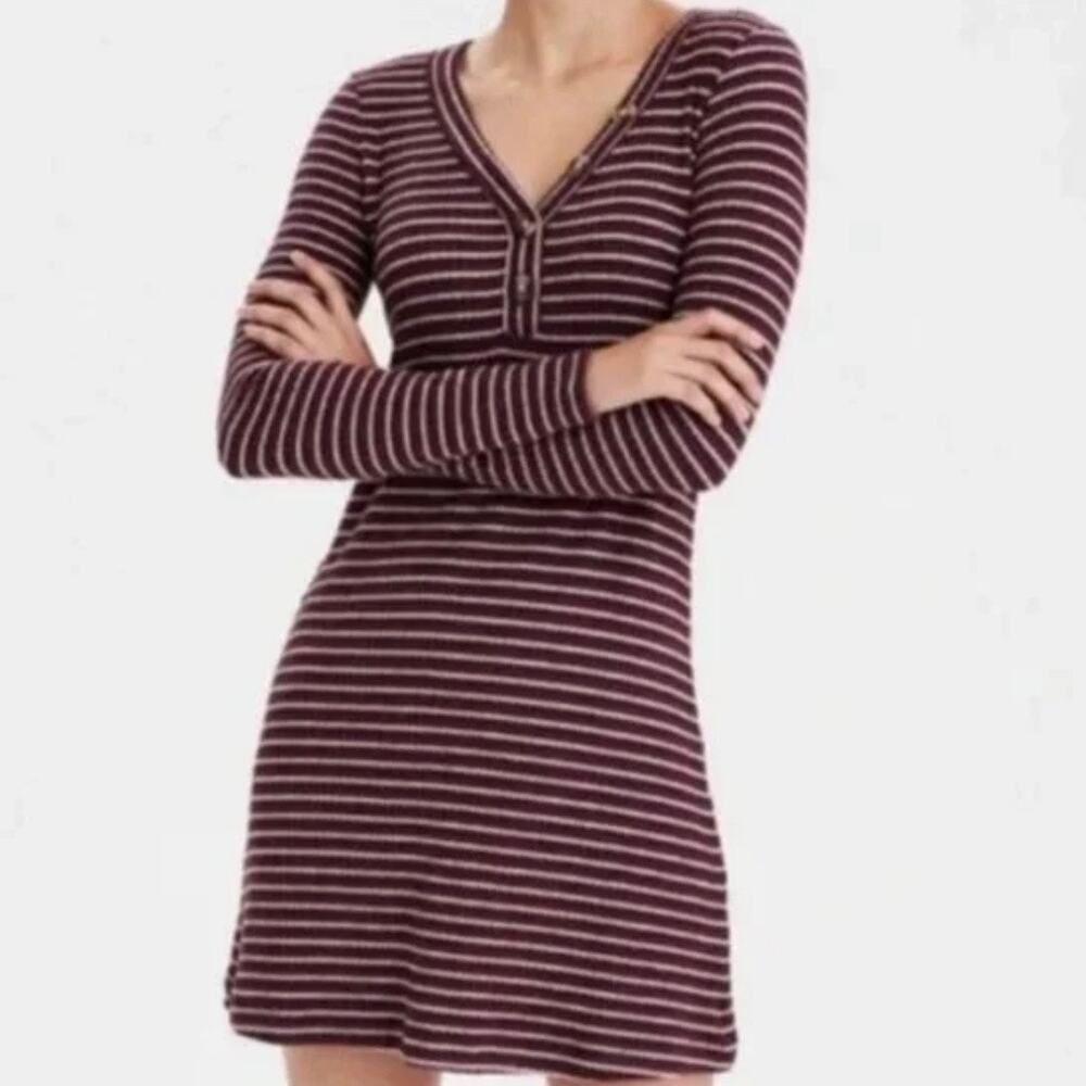 AE Striped Ribbed Henley Sweater Dress Burgundy White Black Cozy Soft, Size M